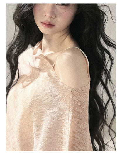 "Misty Veil Whisper" Blush Nude Pink Off-Shoulder Sheer Sun Protection Top 5345634