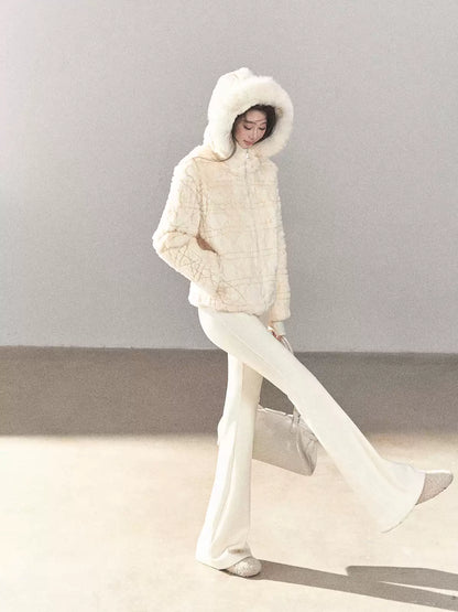 AOMALM - Cloud White Rabbit Fur Cropped Coat
