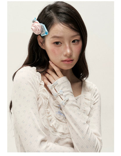 [RF] Cream Floral Peter Pan Collar Long-Sleeve Fitted Layering Top with Lace Details