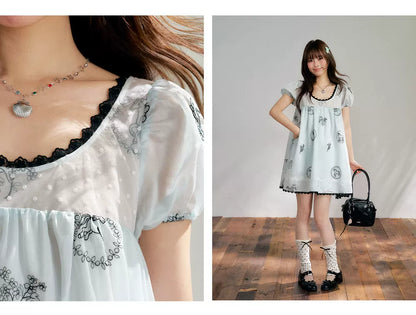 “Brown Sugar Fairytale” Blue Embroidered Puff Sleeve Dress