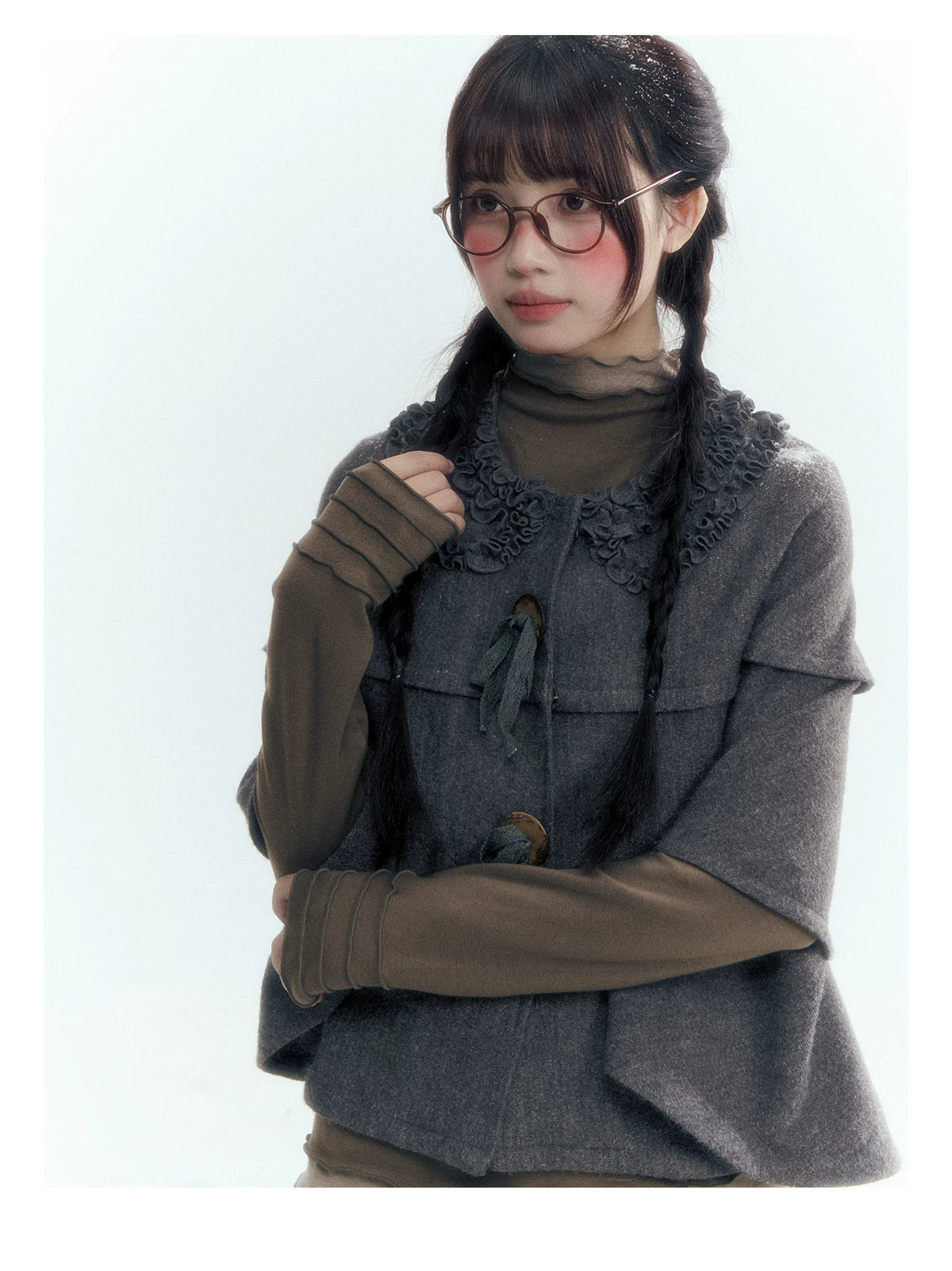Horridale - Warm Charcoal Gray Knit Cape Poncho with Ruffle Collar