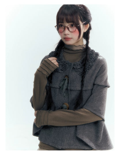 Horridale - Warm Charcoal Gray Knit Cape Poncho with Ruffle Collar