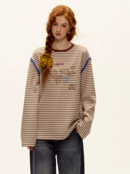 ASGONY - Striped Contrast Embroidered Shell Stitch T-Shirt