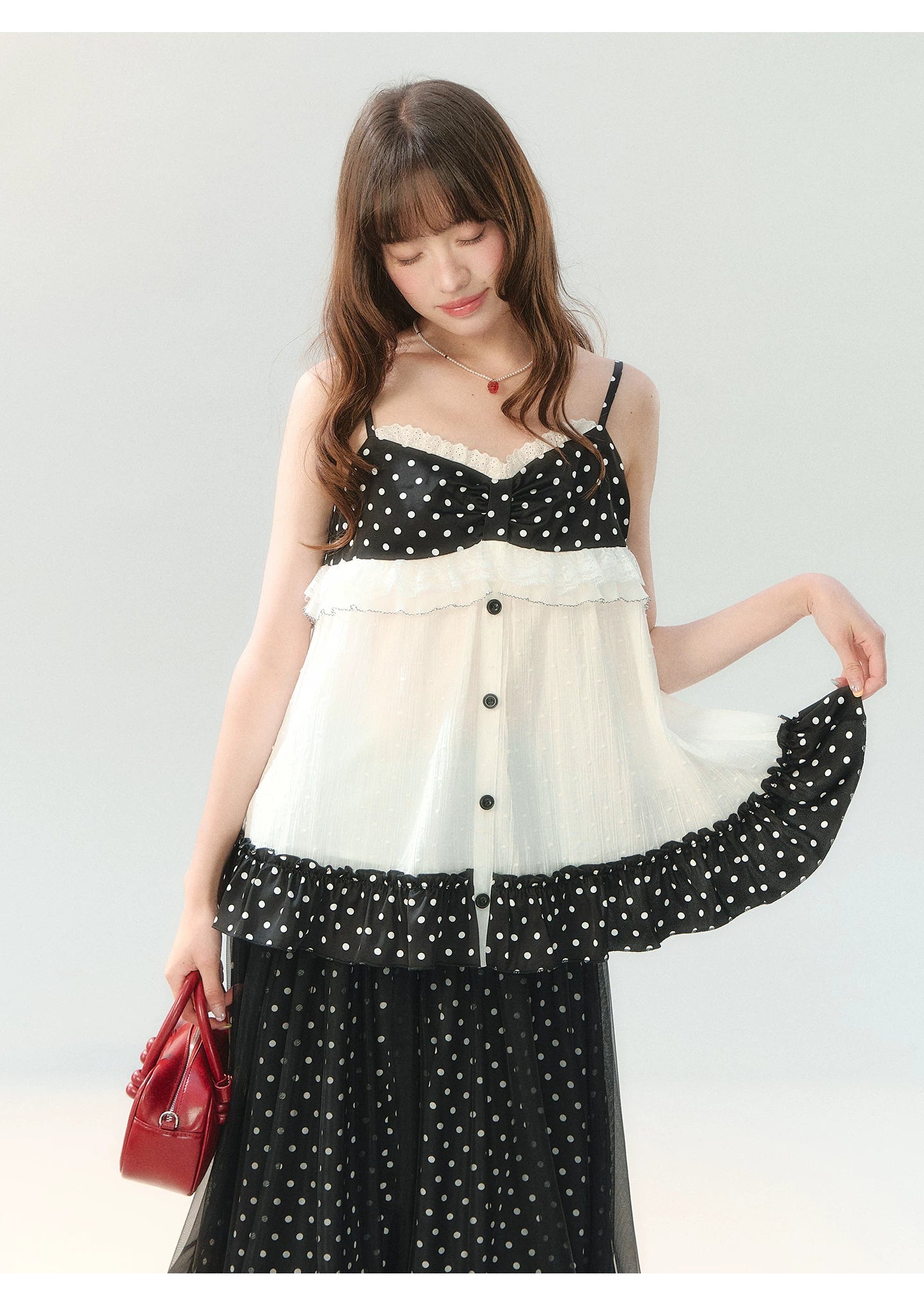 "Midnight Sweet Isle" Black Polka Dot Lace Two-Piece Skirt Set LL2026208