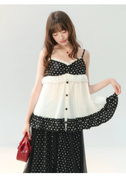 "Midnight Sweet Isle" Black Polka Dot Lace Two-Piece Skirt Set LL2026208