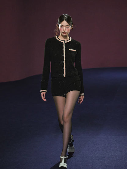 "Starlit Heiress" Black Shimmer Contrast Knit Cardigan & Shorts Set