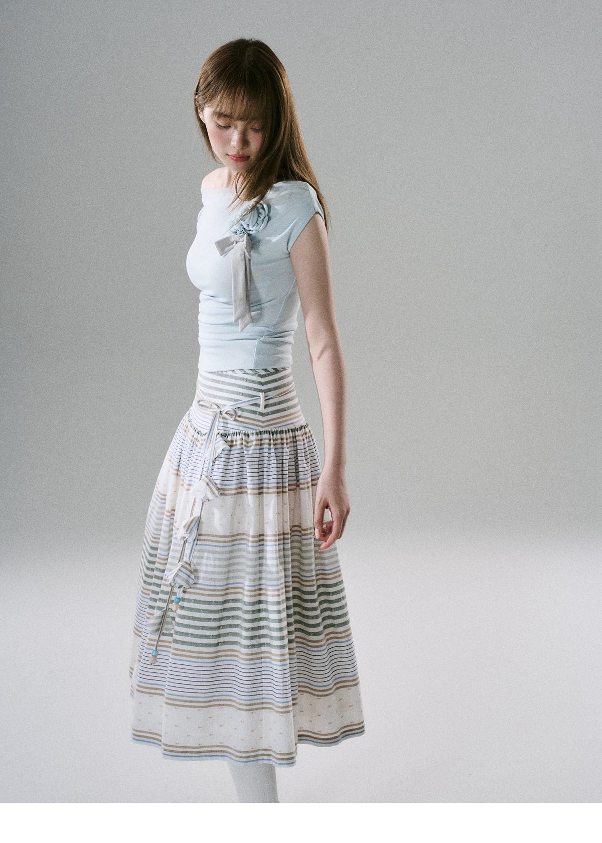LOST FOREST - Flower Belt Striped Midi Dress (Natural Hemp / Blue Stripe / Orange Stripe)