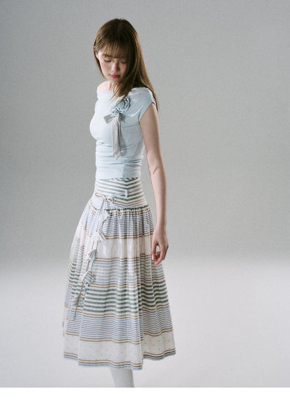 LOST FOREST - Flower Belt Striped Midi Dress (Natural Hemp / Blue Stripe / Orange Stripe)