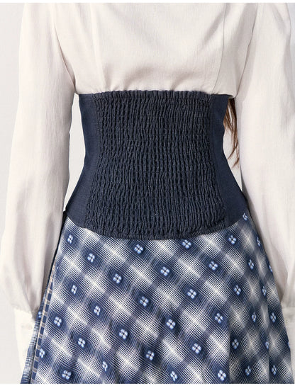 [TMMG] Retro Sweetheart Collar Shirt & Denim Corset Waist Belt Asymmetric Plaid Skirt Set