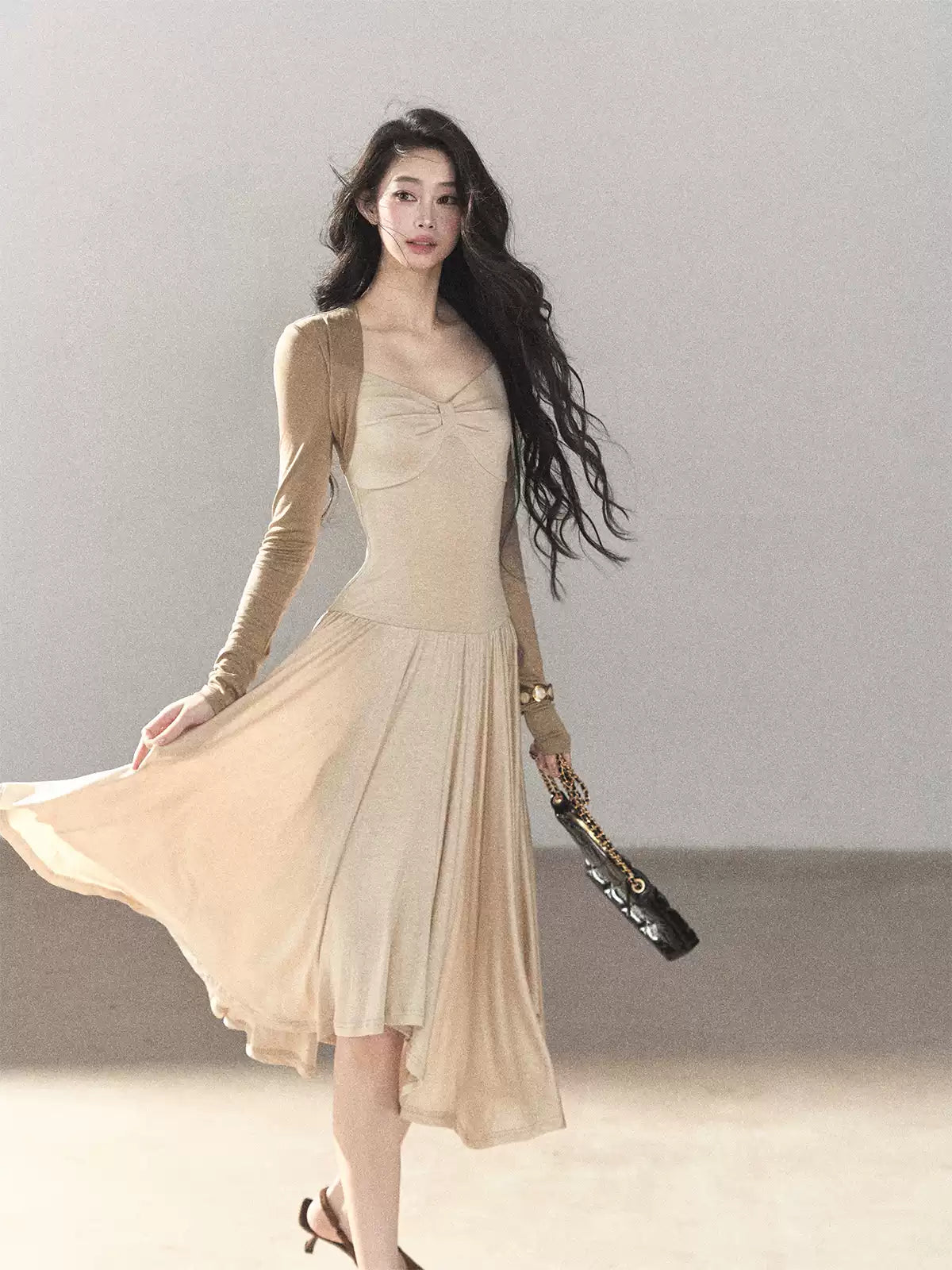 AOMALM - Light Sand Faux Two-Piece Midi Dress with Draped Shawl