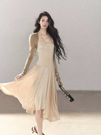 AOMALM - Light Sand Faux Two-Piece Midi Dress with Draped Shawl