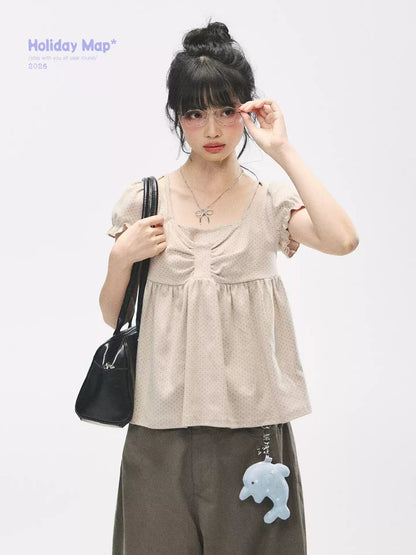 "Sweetheart Crew" Polka Dot Faux Two-Piece Bow Knit Short Sleeve Top