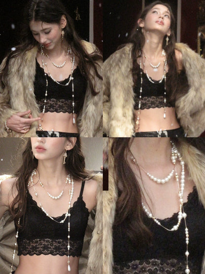 Vintage Key & Pearl Layered Long Necklace – Luxury Water Drop Charm Statement Necklace for Women