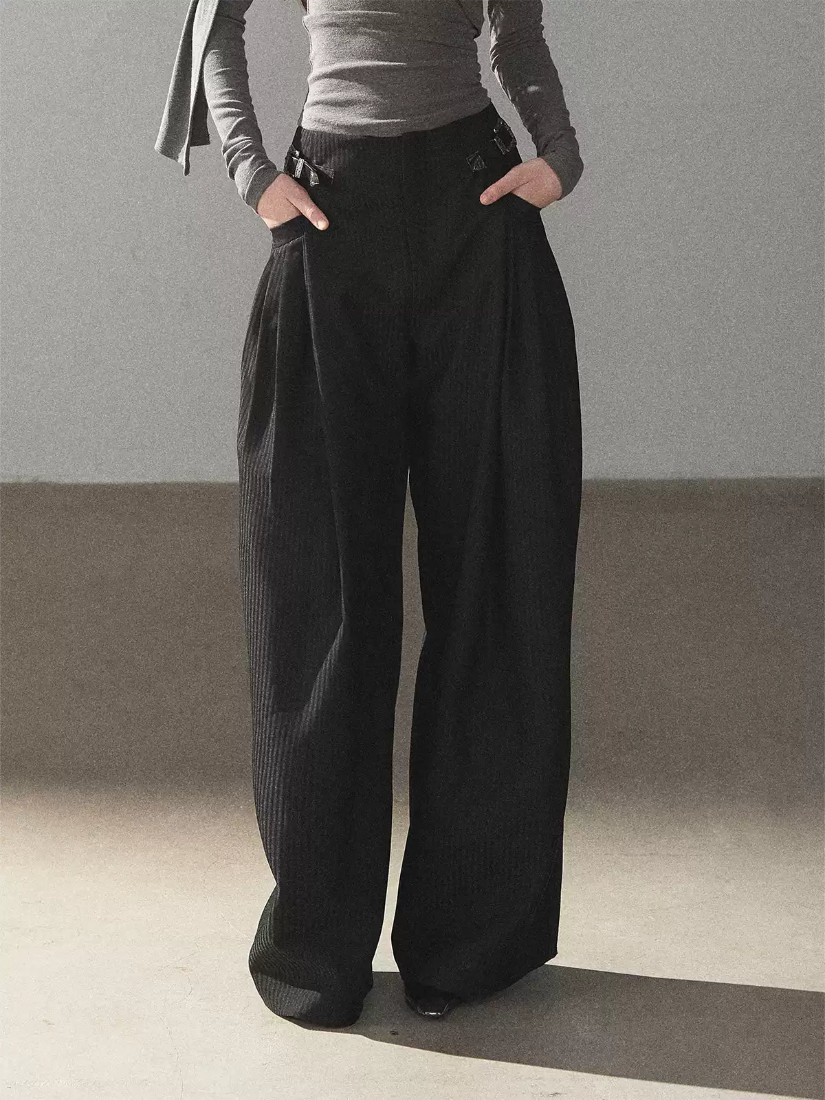 AOMALM - "Midnight Glow" Black Striped Satin Wide-Leg Pants