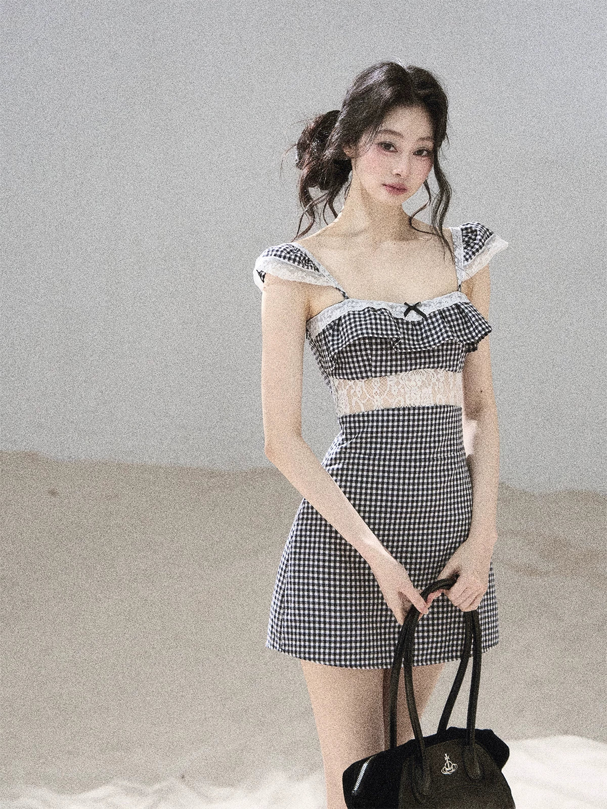"Her in the Old Film" French Lace Plaid A-Line Mini Dress