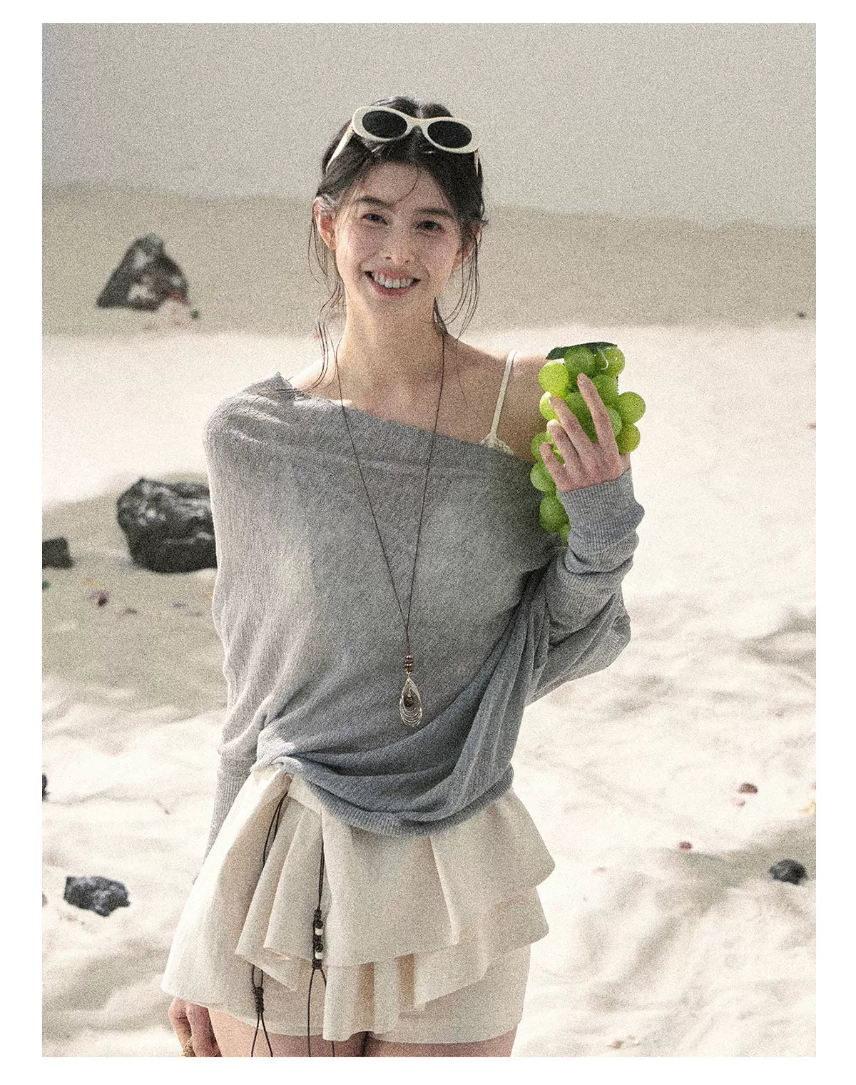 "Misty Veil Whisper" Cloud Trail Gray Off-Shoulder Sheer Sun Protection Top 5345634