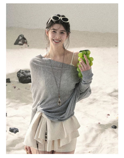"Misty Veil Whisper" Cloud Trail Gray Off-Shoulder Sheer Sun Protection Top 5345634