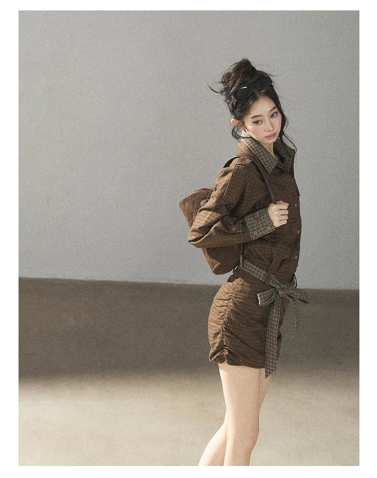 AOMALM - "A Promise Beneath the Oak" Crabapple Brown Plaid Shirt Dress with Belt