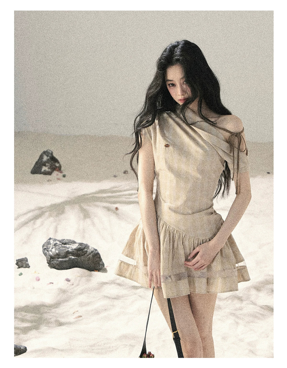 "Traces Left by the Wind" Sand Beige Off-Shoulder Plaid Puff Mini Dress