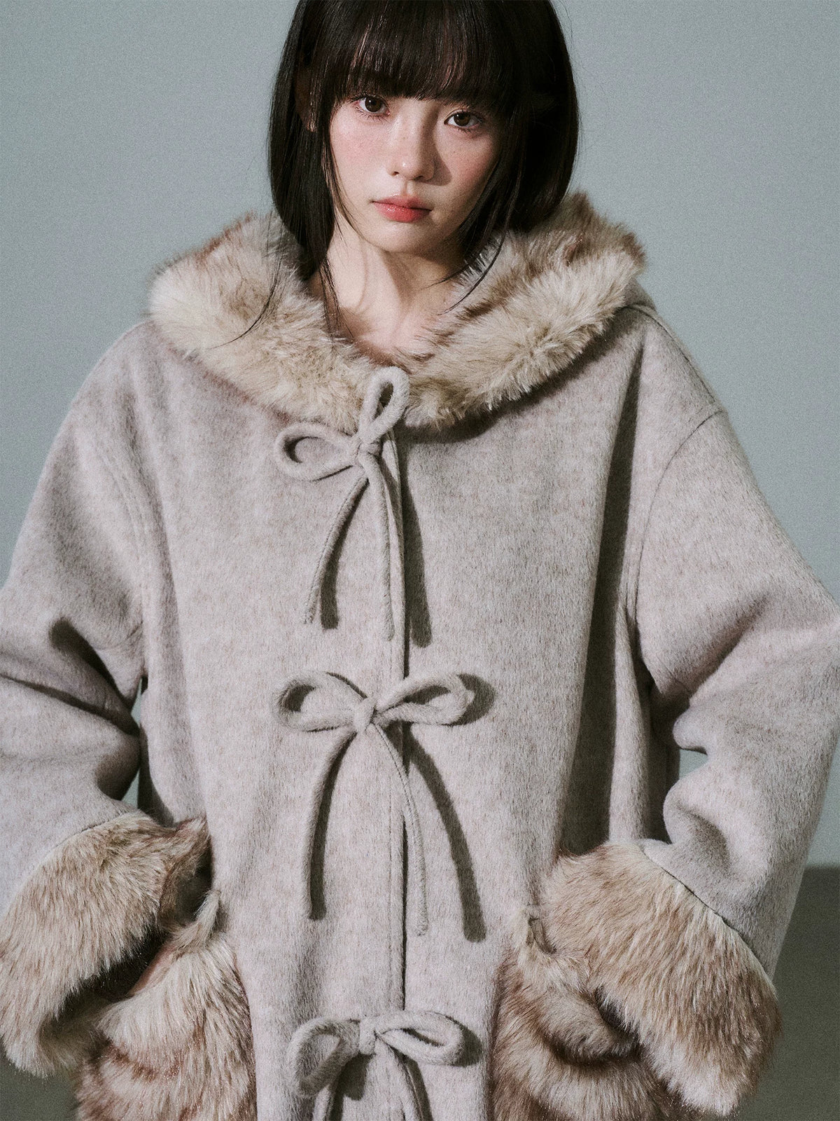 LOST FOREST - Milk Tea Wool-Blend Hooded Long Coat with Bow Tie & Faux-Fur Trim