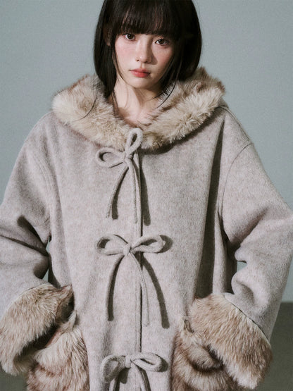 LOST FOREST - Milk Tea Wool-Blend Hooded Long Coat with Bow Tie & Faux-Fur Trim