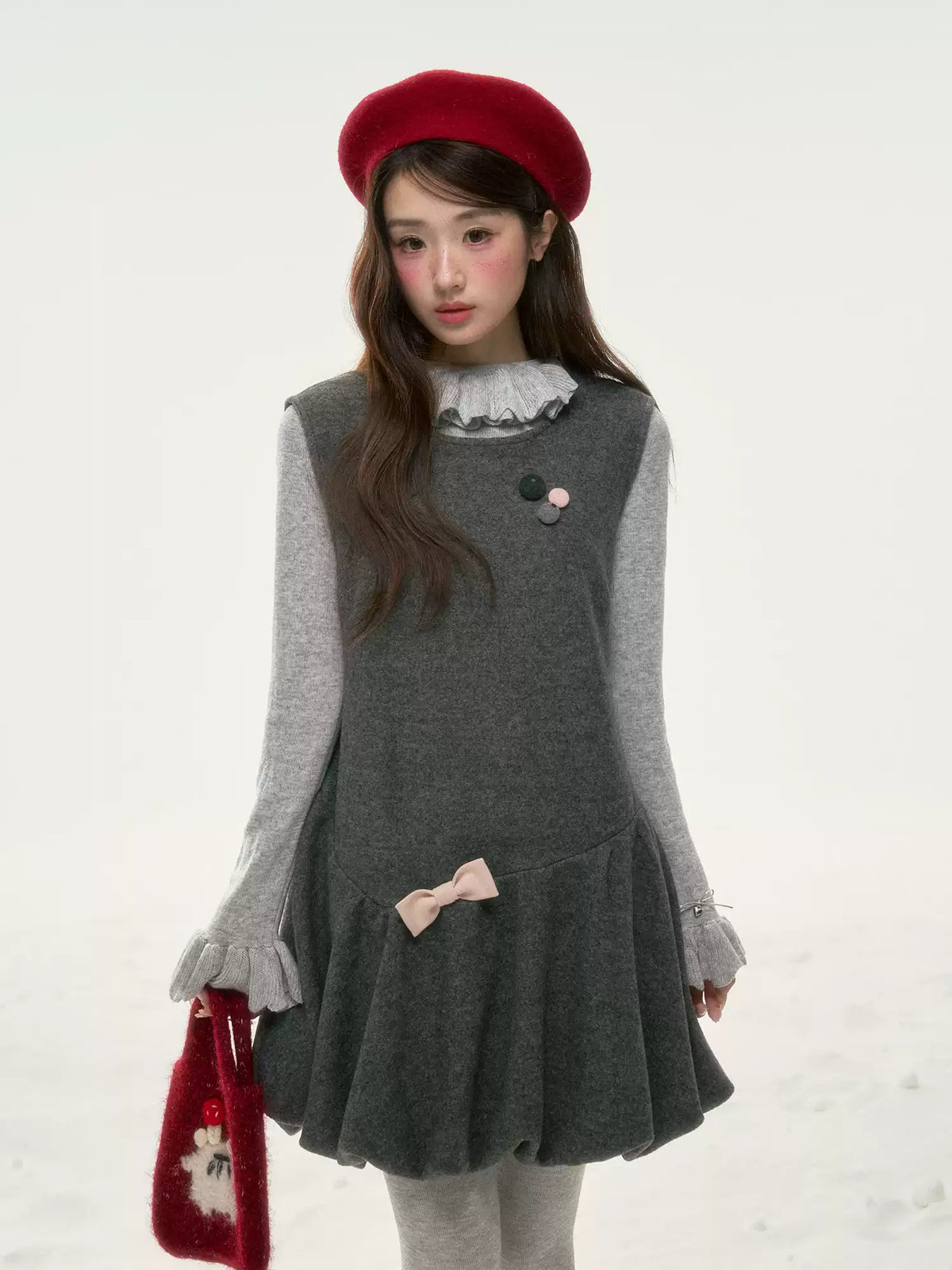 BIBIBENCY - Gray Blouson Cami Dress & Layering Top Set