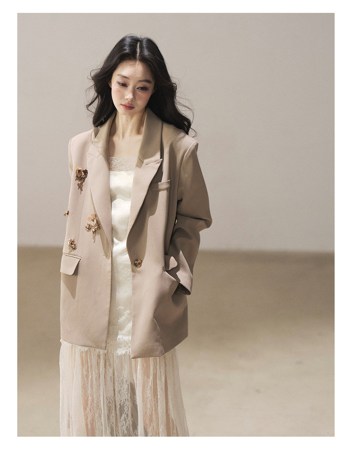 170726 "Your Open Meadow" Taupe Gray Floral Embellished Oversized Blazer