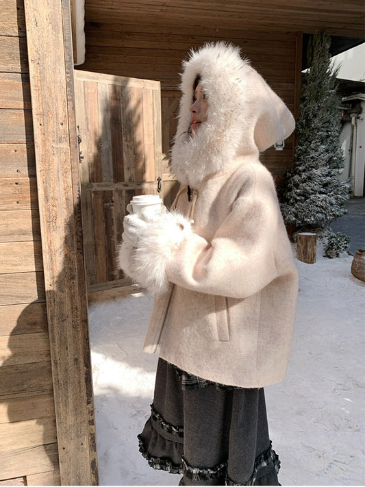 阮阮自制 - Soft Fog Apricot Pink Witch Hooded Wool Coat