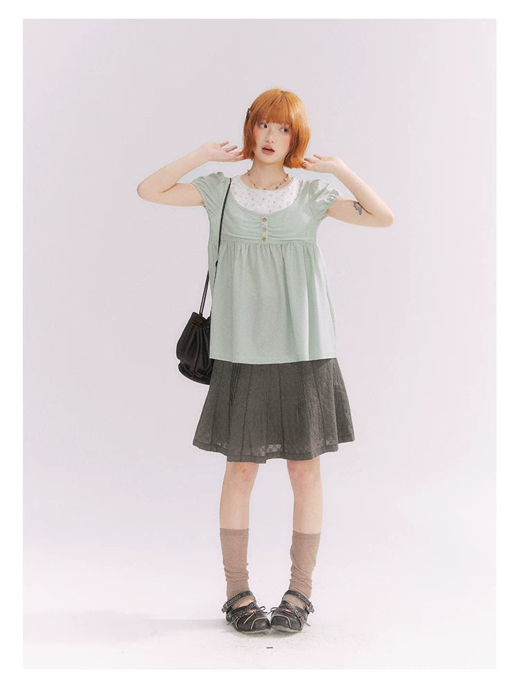 “Misty Texture” Gray Plaid Trim Embroidered A-Line Skirt