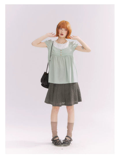 “Misty Texture” Gray Plaid Trim Embroidered A-Line Skirt