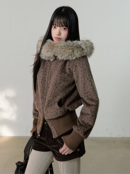 Soote Season - Vintage Leopard Wool Hooded Jacket with Faux Fur Collar – Brown Leopard