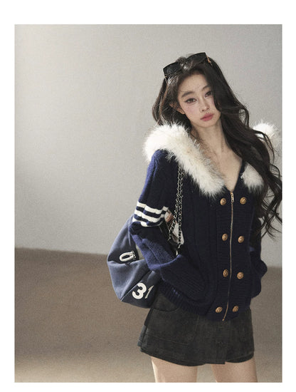 AOMALM - Blue Hooded Cable-Knit Sweater Jacket with White Stripes