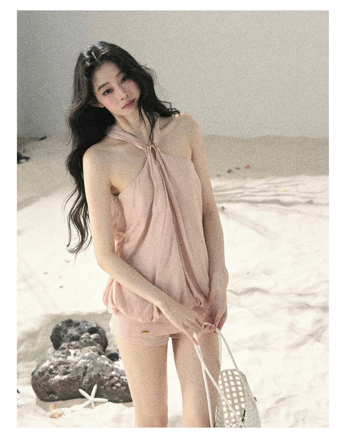 "Soft Luminous Glow" Misty Pink Halter Top & High-Waisted Skort Two-Piece Set