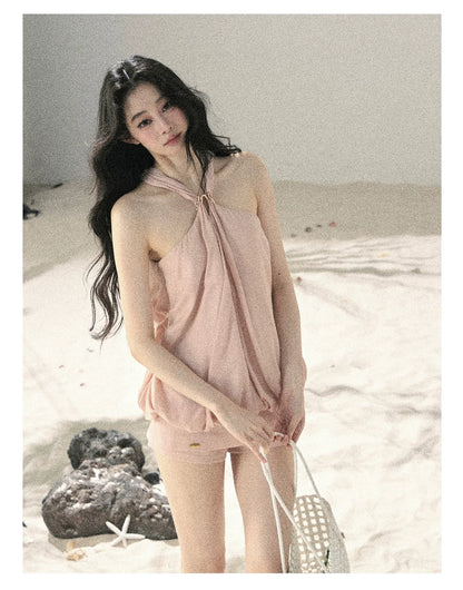 "Soft Luminous Glow" Misty Pink Halter Top & High-Waisted Skort Two-Piece Set