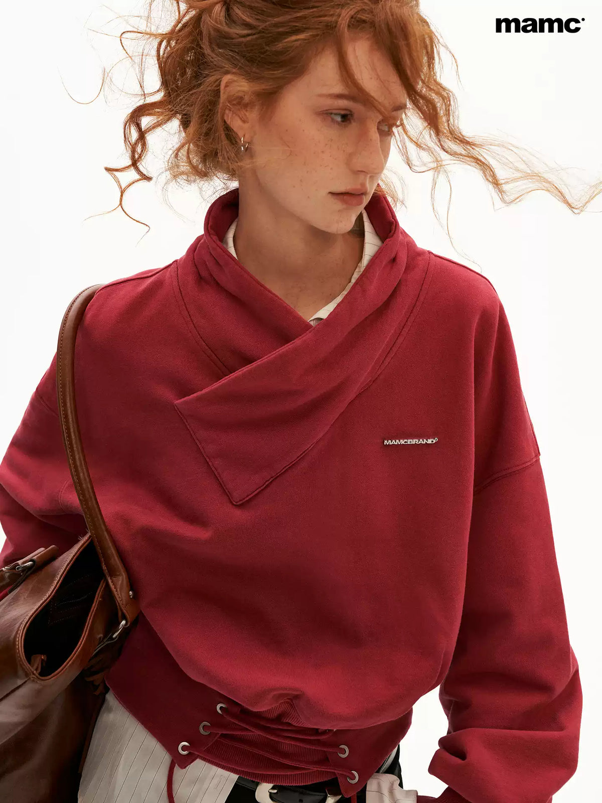 MAMC - Washed Vintage Cross-Neck Cinched Sweatshirt (Red / Gray)