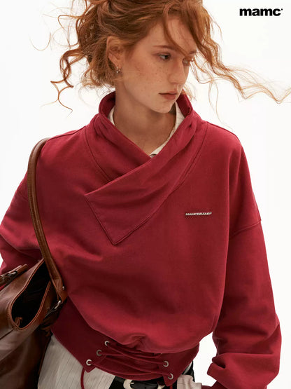 MAMC - Washed Vintage Cross-Neck Cinched Sweatshirt (Red / Gray)