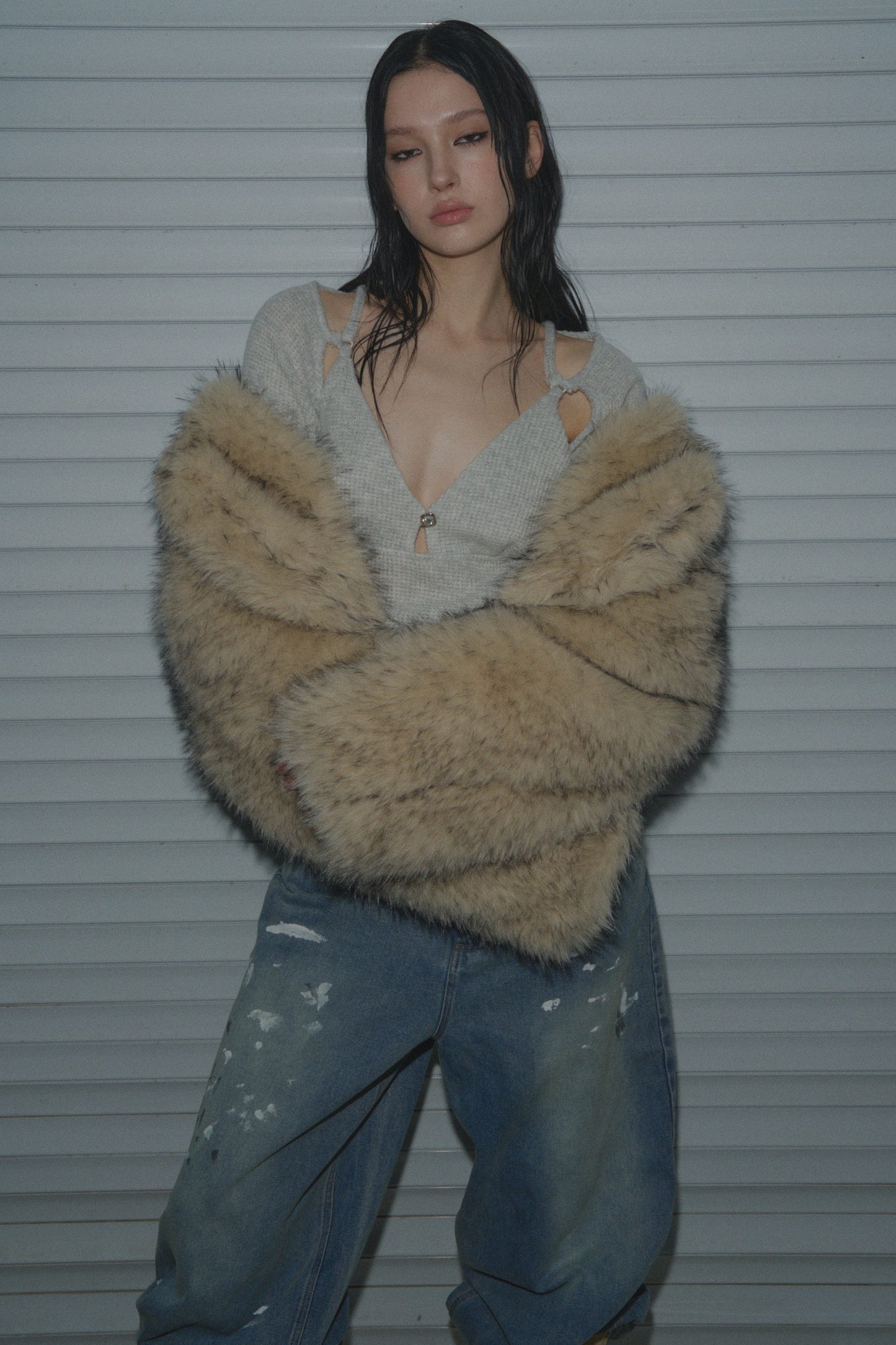 Muirgen - Y2K Tipped Faux Camel Hair Shawl Cropped Jacket
