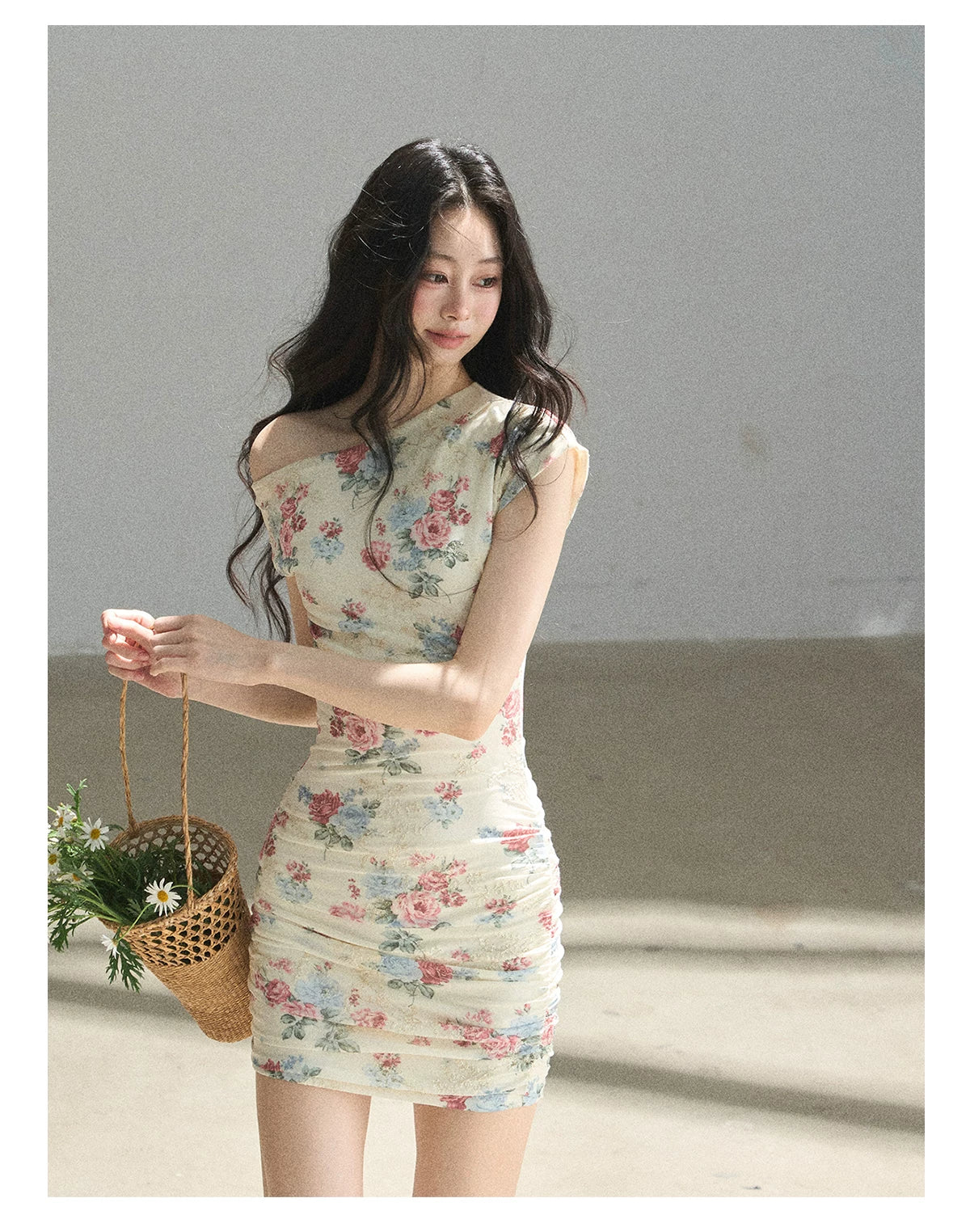 "Flowers & Sunlight" Dutch Cream Off-Shoulder Mesh Bodycon Mini Dress