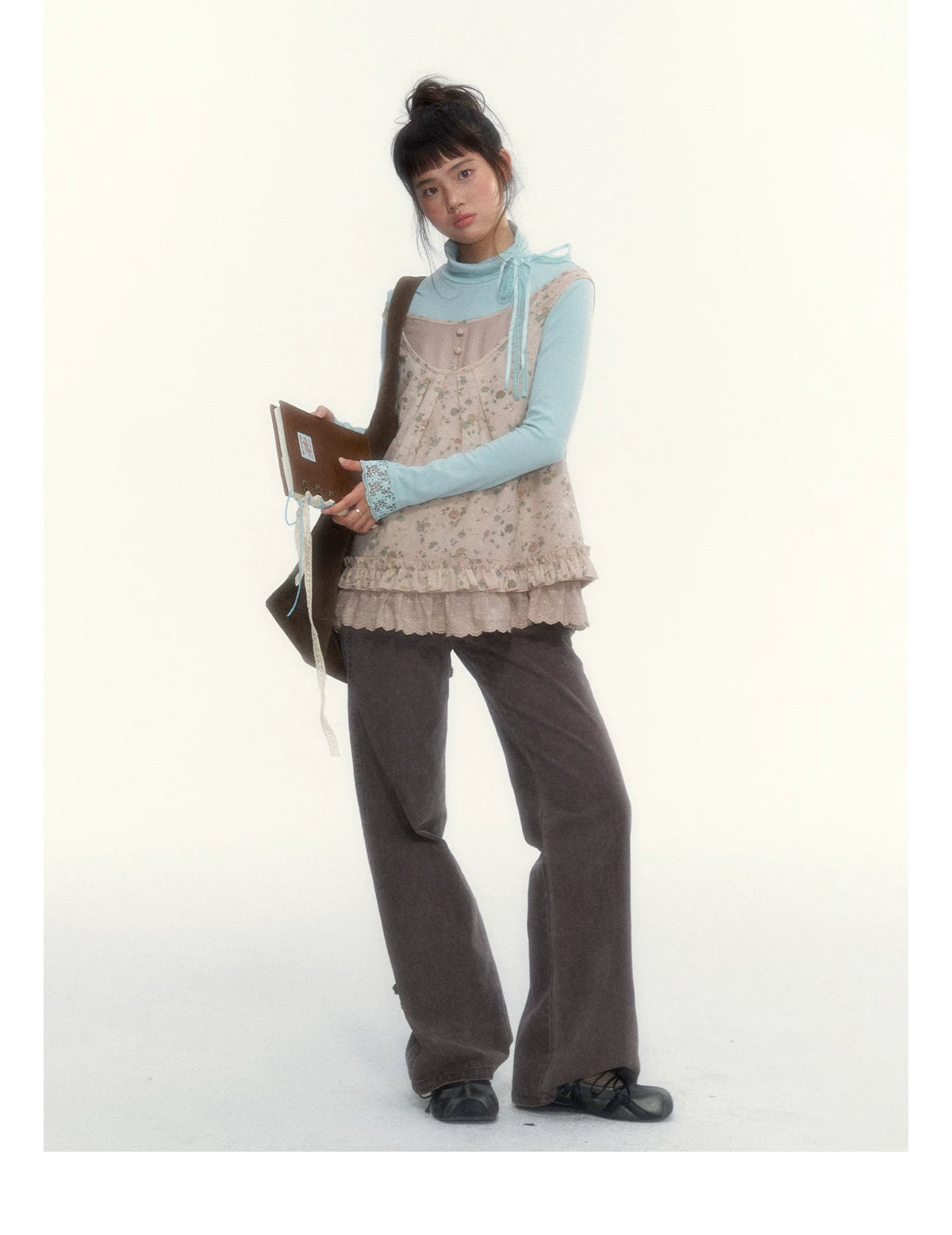 “Mint Milk Pudding” Mint Blue Lace-Trimmed Mock Neck Knit Top