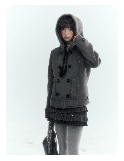 Horridale - Dark Gray Double-Breasted Hooded Wool Blend Coat