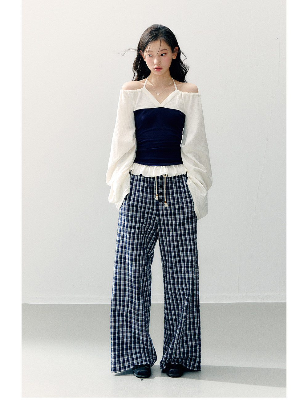 ANNATTO - Spring Navy & Ivory Off-Shoulder Knit Top & Plaid Pants Set