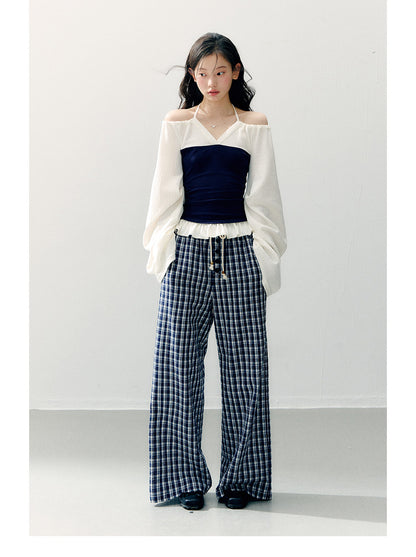 ANNATTO - Spring Navy & Ivory Off-Shoulder Knit Top & Plaid Pants Set