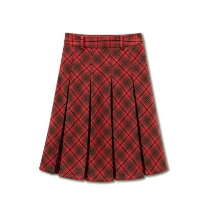 SunsetPark - Vintage Christmas Red Plaid Pleated Wool-Blend Skirt