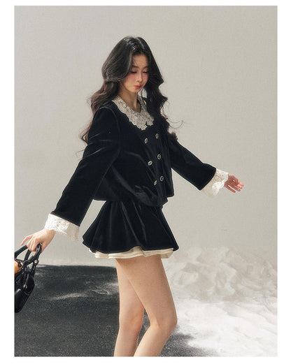 040126 "She Fades into Dusk" Velvet Lace Collar Two-Piece Set