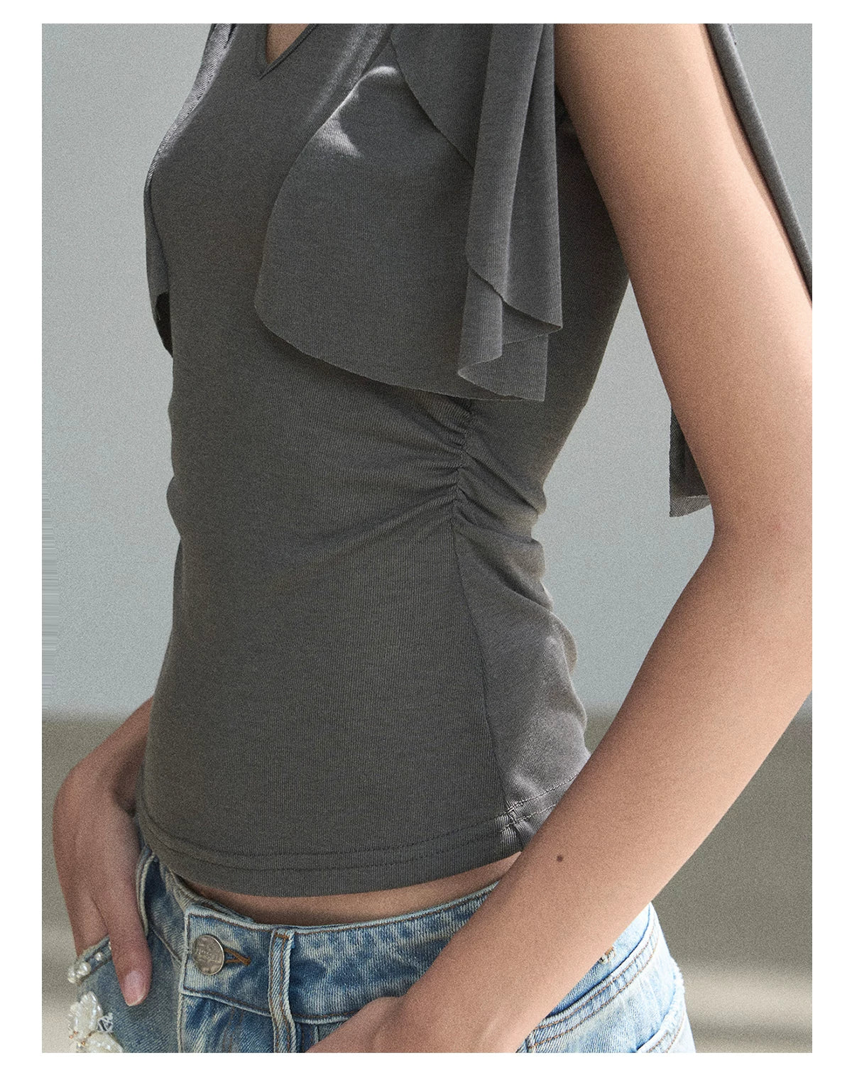 "Where Clouds Fall" Ruffle Sleeve V-Neck Crop Top (Forest Green/ Sage Gray/ Misty Blue/ Cinnamon Pink)