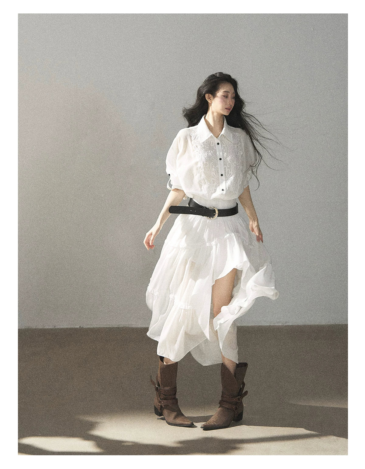 AOMALM - “Her Hemline” White Lace Shirt Dress with Belt