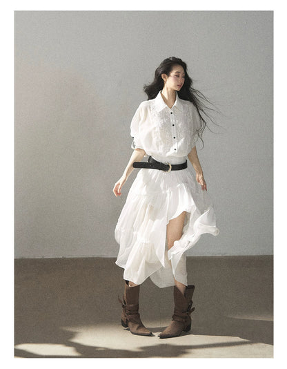 AOMALM - “Her Hemline” White Lace Shirt Dress with Belt
