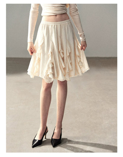 AOMALM - Cloud-Shaped French Lace Ruffle Midi Skirt – Elegant Autumn Maxi
