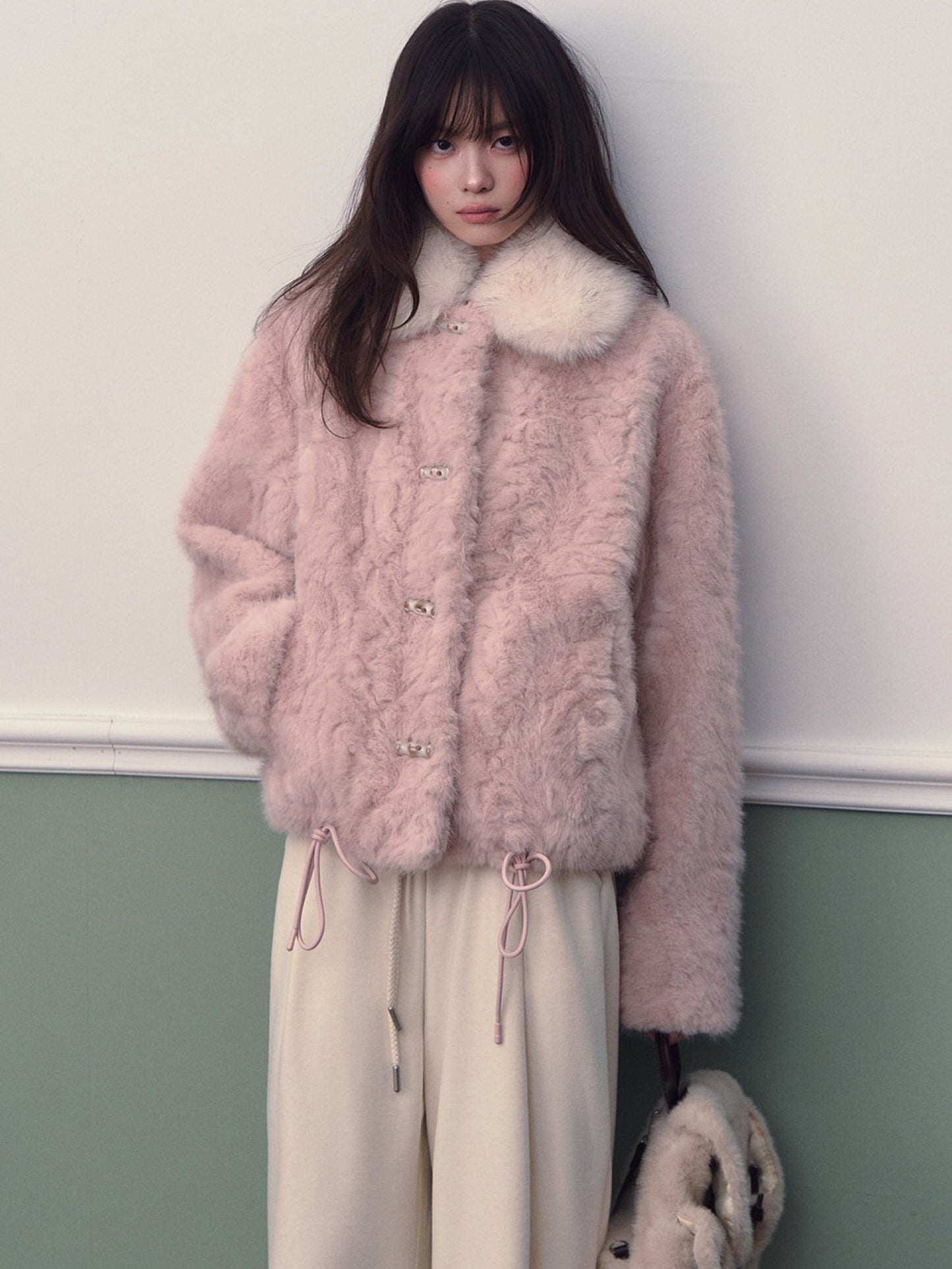 Soote Season - Cloud Pink Faux Fur Contrast Collar Cropped Jacket