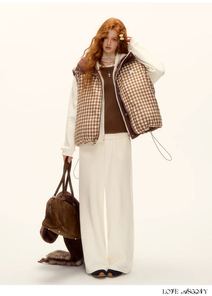 ASGONY - Reversible Plaid Lace-Trim Quilted Vest (Brown / Gray)